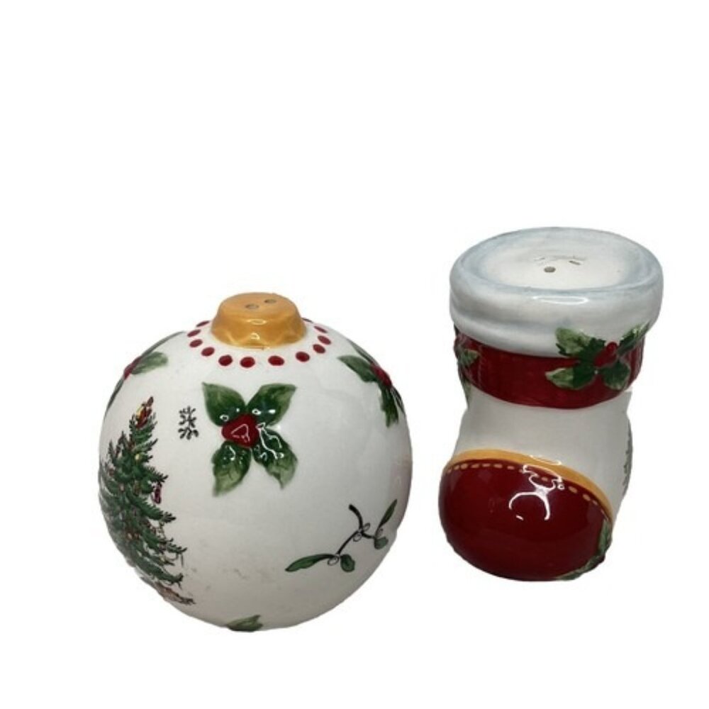 Spode Christmas Tree Ball Ornament & Stocking Shaped Salt Pepper Shakers VTG - Picture 2 of 6